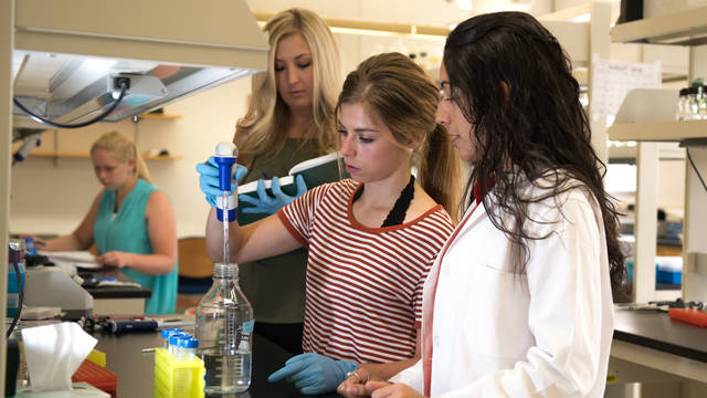 Biology students conducting research in the lab