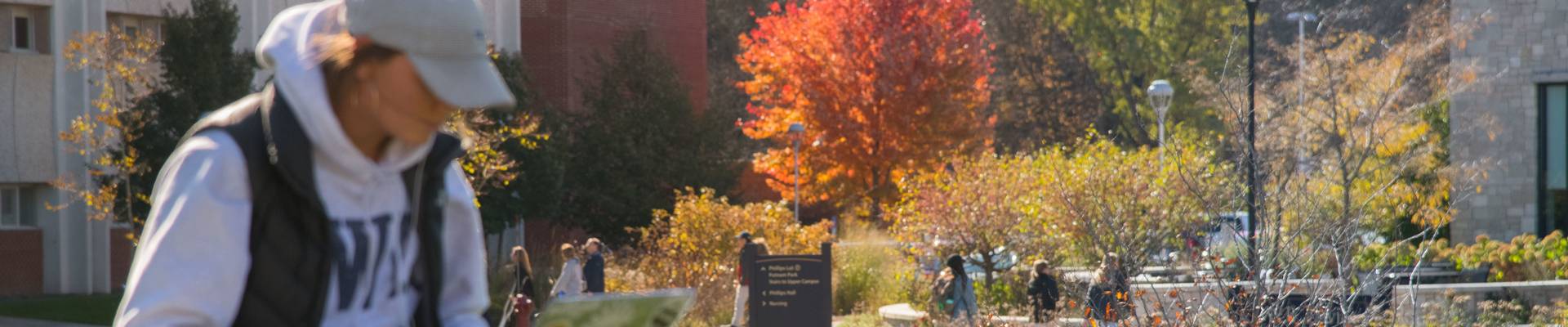 UW-Eau Claire students study and relax on lower campus on a warm fall day.