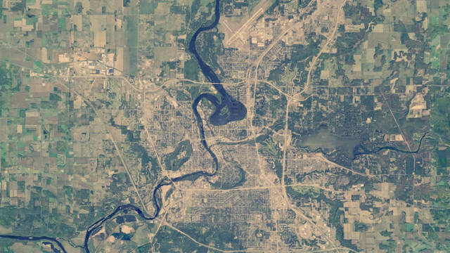 Aerial view of Eau Claire landscape.