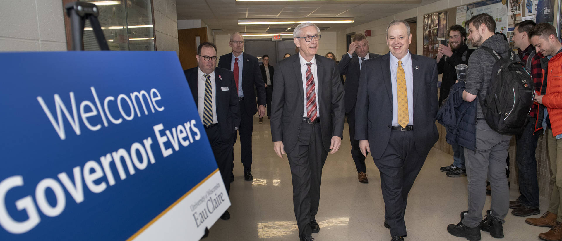 Governor Tony Evers and Chancellor James Schmidt in Phillips Science Hall