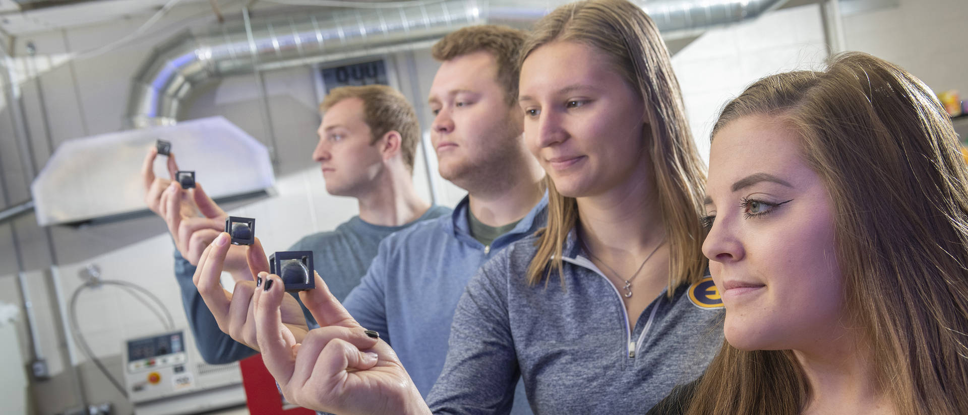 This spring (from left) Nick Reding, Aaron Deacon, Jordan Egner-Schnitzler and Brynn Dallmann will be the first Blugolds graduating from UW-Eau Claire’s materials science and engineering program.