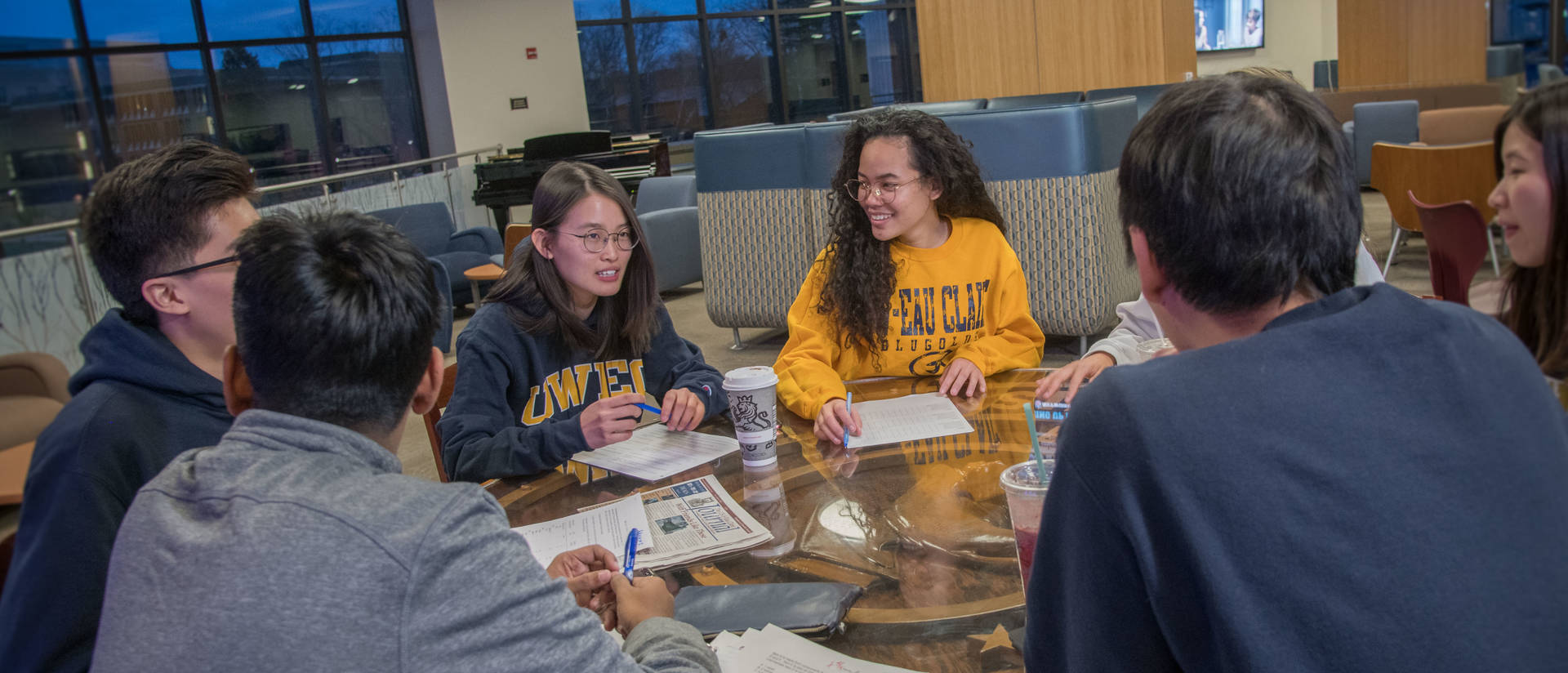 UW-Eau Claire students visit in Davies Center.