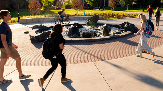 students walking near Stowe fountain