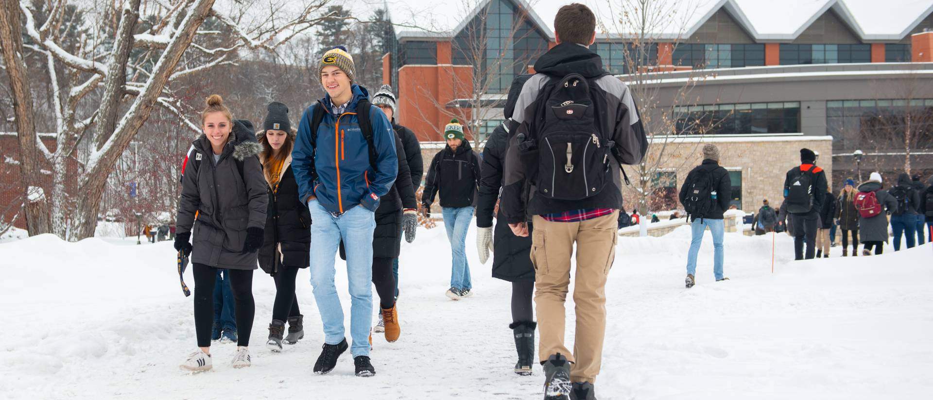 Davies Center and students on winter day