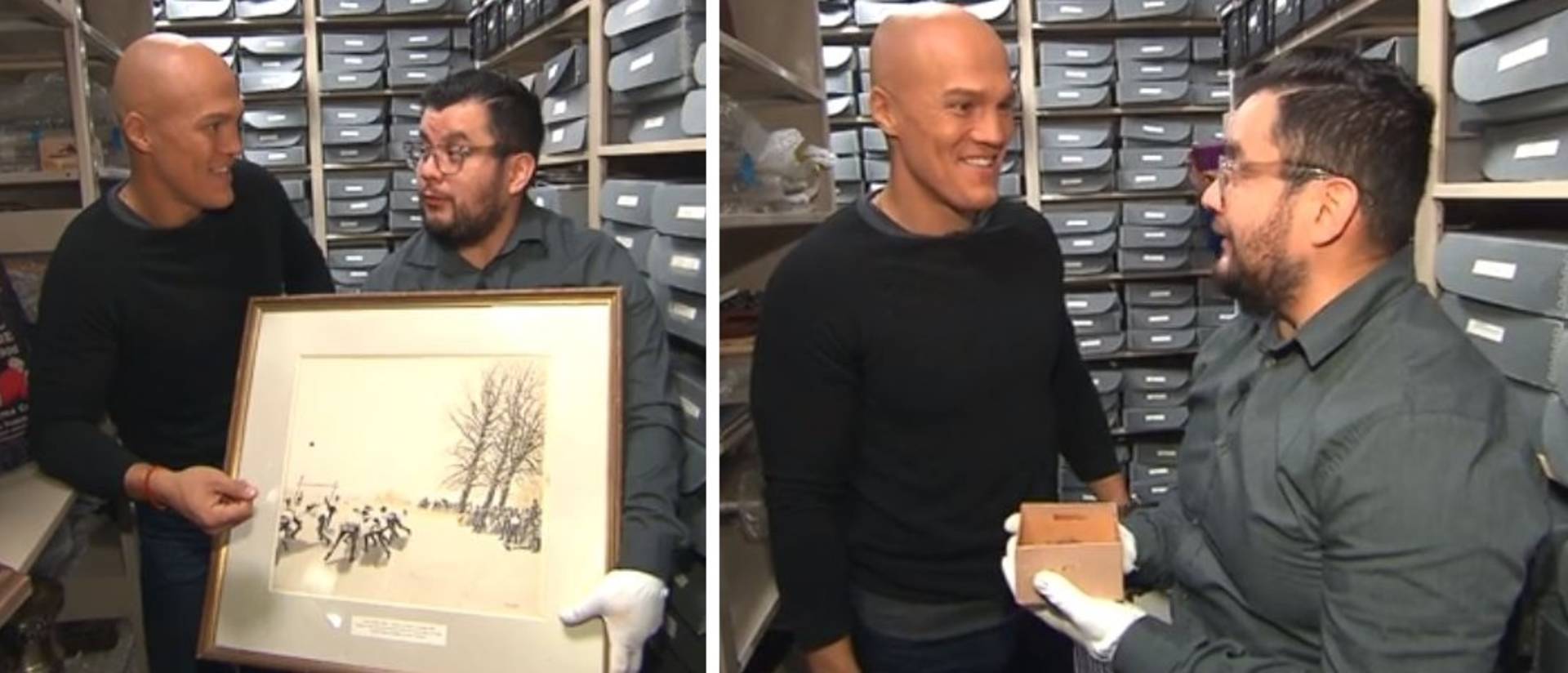 CNN host on the right, Jeremy Swick on the left holding a large framed drawing of the first football game
