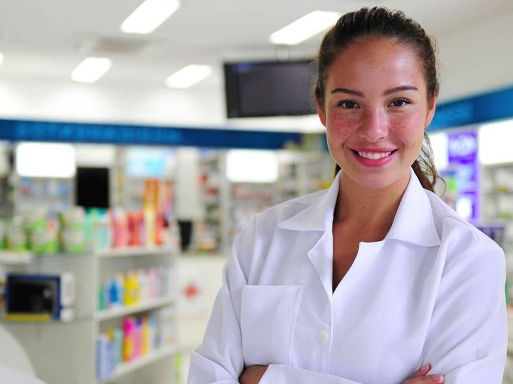 Young women standing in a pharmacy wearing a pharmacy coat.