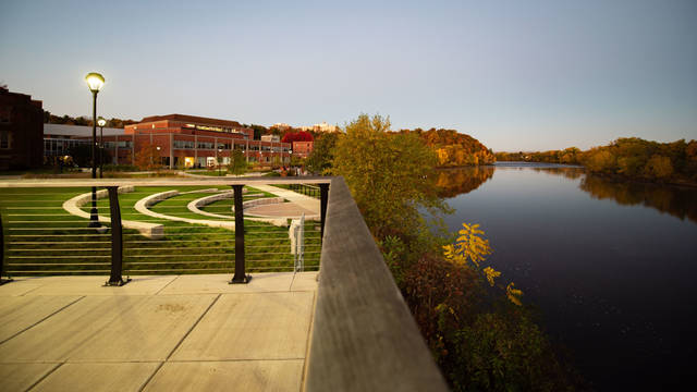 Chippewa River and campus buildings 2020