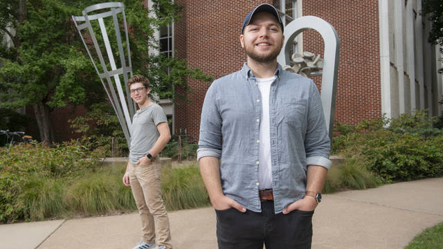 UW-Eau Claire student researchers Aaron Ellefson, right, and Cuyler Monahan participated in student-faculty research to develop a clinical foam to protect cancer patients during treatment.