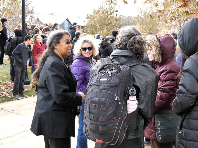 Students and faculty on campus mall for 2019 walkout protesting racist social media posts