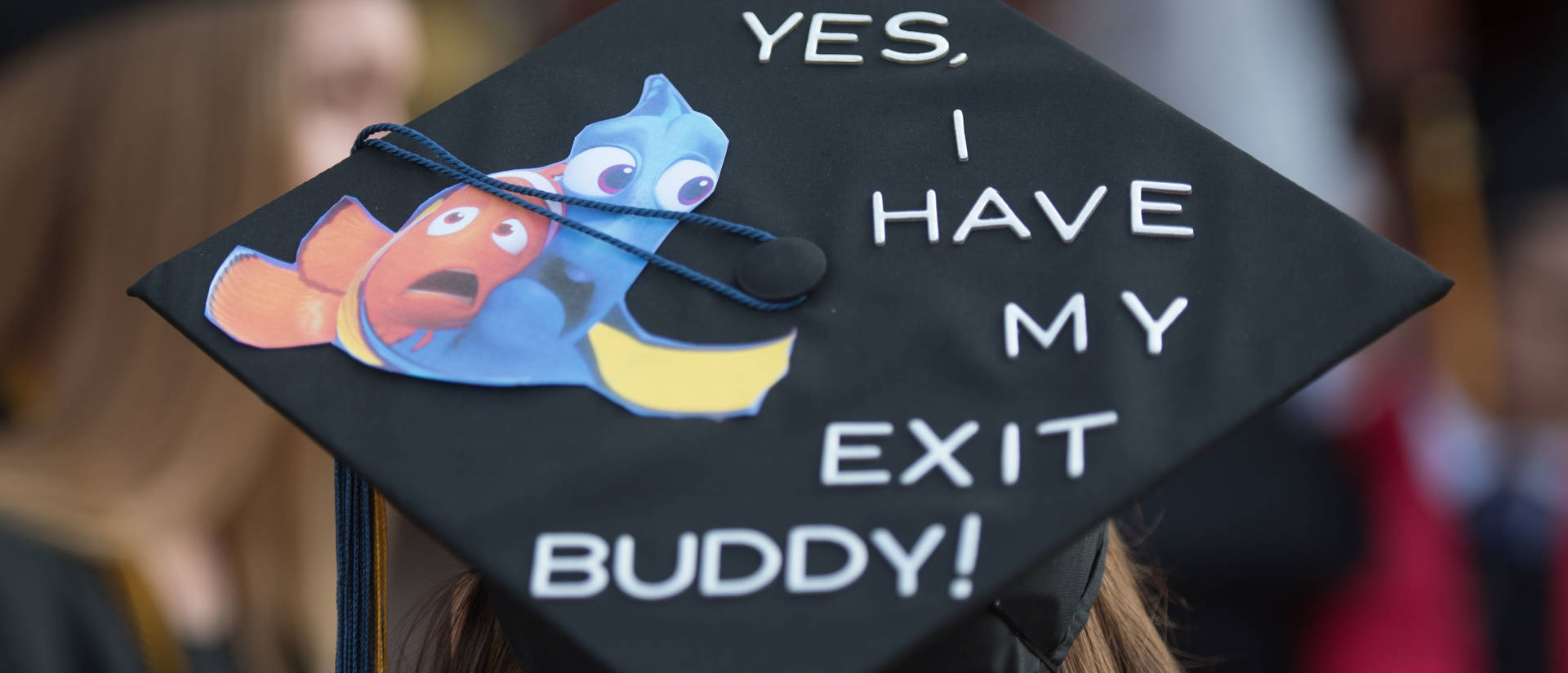 Graduation cap with Finding Nemo decoration and quote 