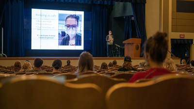 Students having a lecture class in Schofield Hall during COVID-19