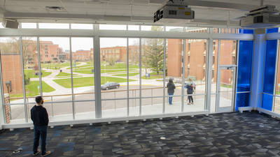View from second floor of Welcome Cener, overlooks campus mall