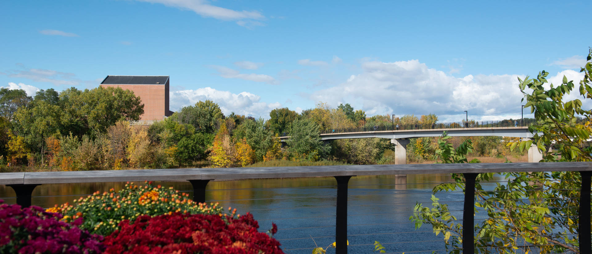 The Haas Fine Arts Center exterior can be scene in this lower campus view of the Chippewa River.