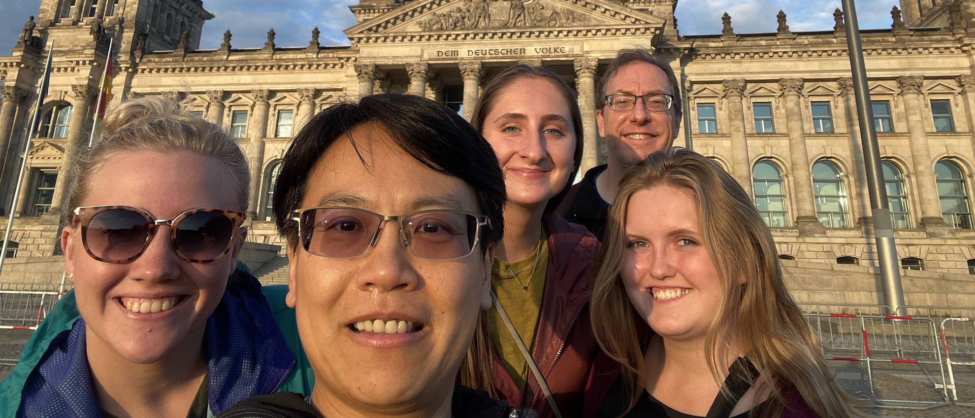 Alyssa Hanson, Dr. Chia-Yu Hsu, Bekah Henn, Dr. Jeff DeGrave and Samantha Maurer (from left) explored Berlin — including the Reichstag Building, which houses the Bundestag, the lower house of Germany's parliament — during a summer immersion program.