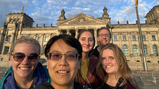 Alyssa Hanson, Dr. Chia-Yu Hsu, Bekah Henn, Dr. Jeff DeGrave and Samantha Maurer (from left) explored Berlin — including the Reichstag Building, which houses the Bundestag, the lower house of Germany's parliament — during a summer immersion program.