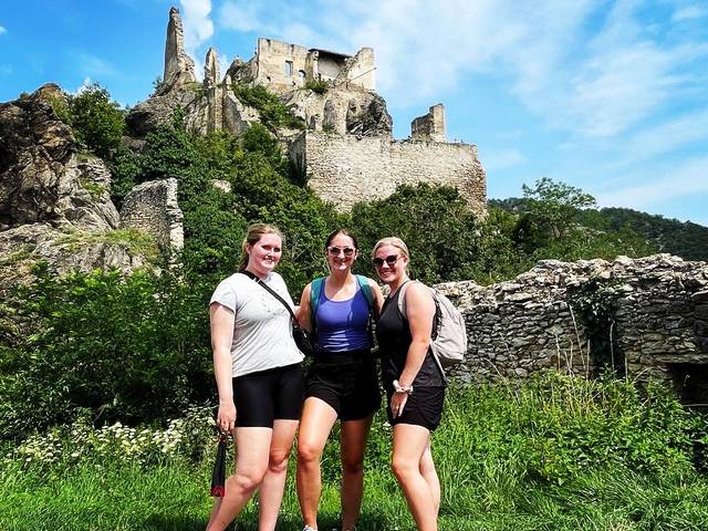 Blugolds (from left) Samantha Maurer, Bekah Henn and Alyssa Hanson biked in the Wachau Valley during a summer immersion program in Central Europe. They visited multiple countries, learning about the history and culture of the region.