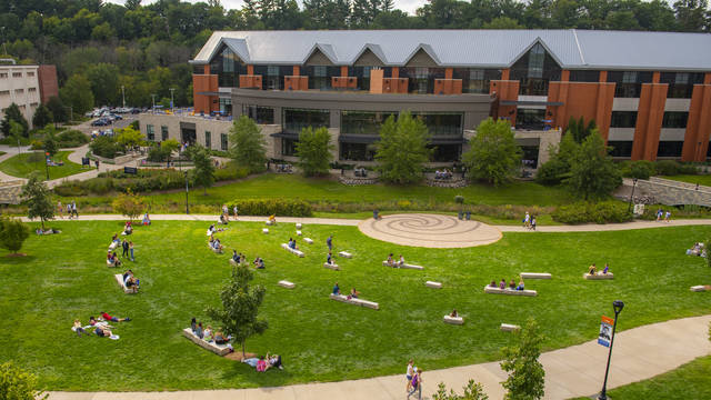Campus mall and Davies Center in early fall