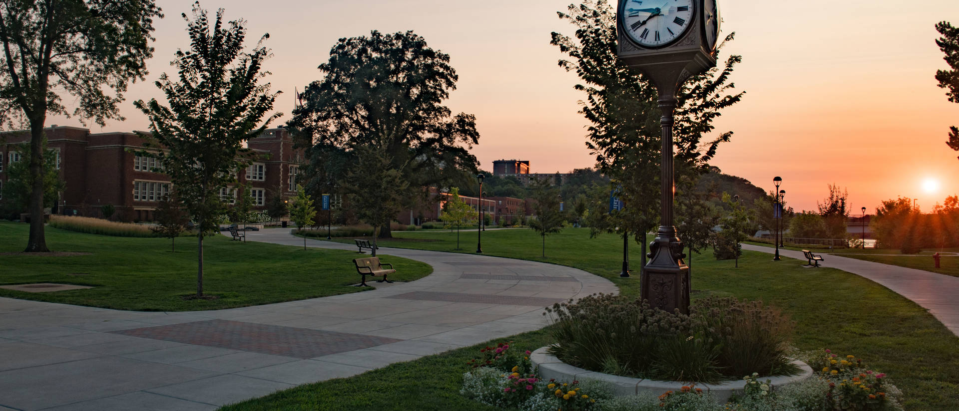Campus beauty picture showing Schofield Hall and the clock tower.