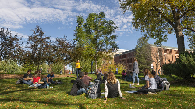 Campus mall with students in fall 2