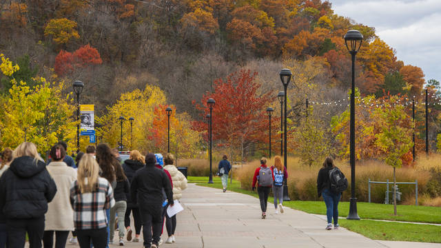 Students walking on campus in fall