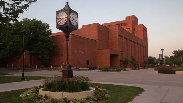 Photo of Hibbard Humanities Hall during sunset