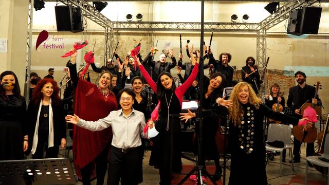 Dr. Chia-Yu Hsu, associate professor of music-composition at UW-Eau Claire, celebrates on stage in Italy as she’s named the winner of an international competition that celebrates women composers. (Submitted photo)