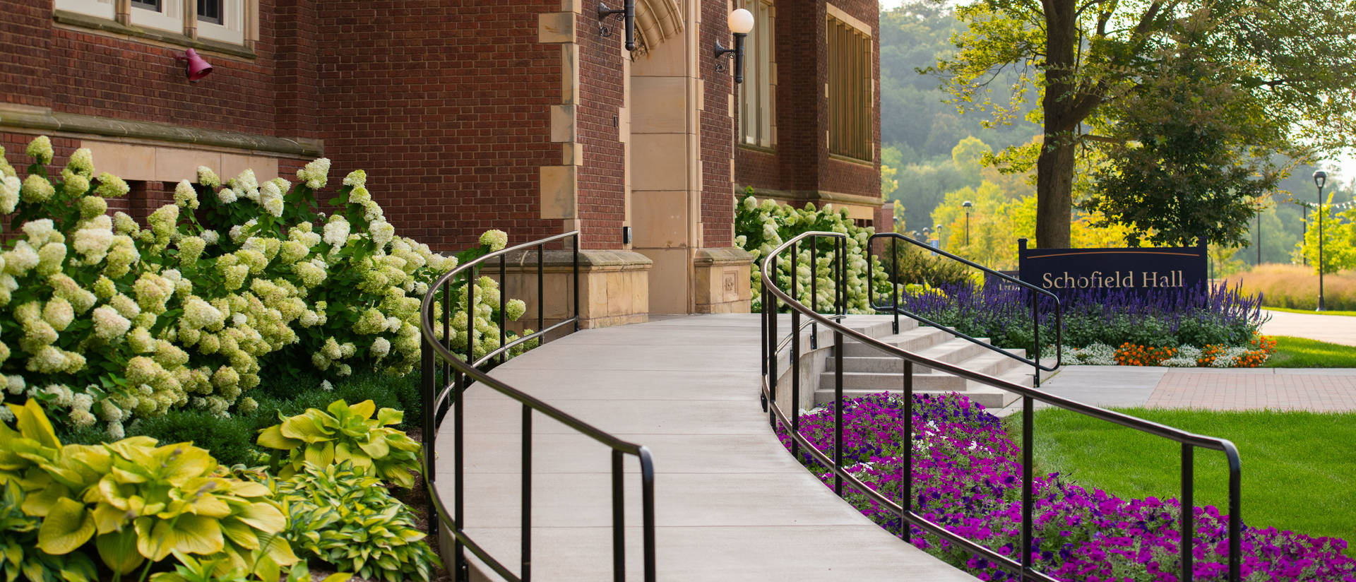 Schofield Hall facing pedestrian bridge