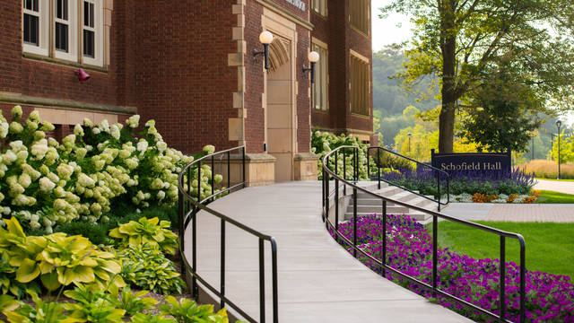 Schofield Hall facing pedestrian bridge