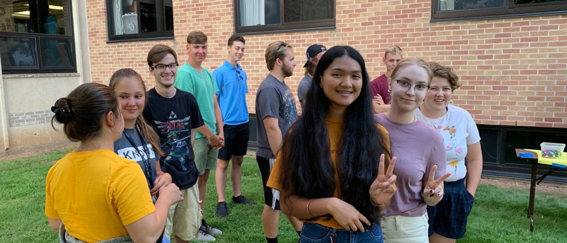 Honors LLC students gathering in Bridgman Hall's backyard