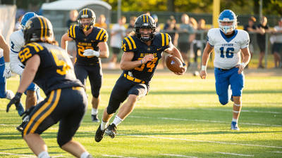 Football player carries ball on football field