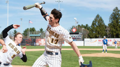 Baseball player celebrates a run with team