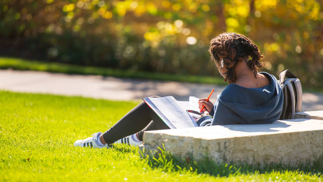 Student studies outside on the campus lawn.