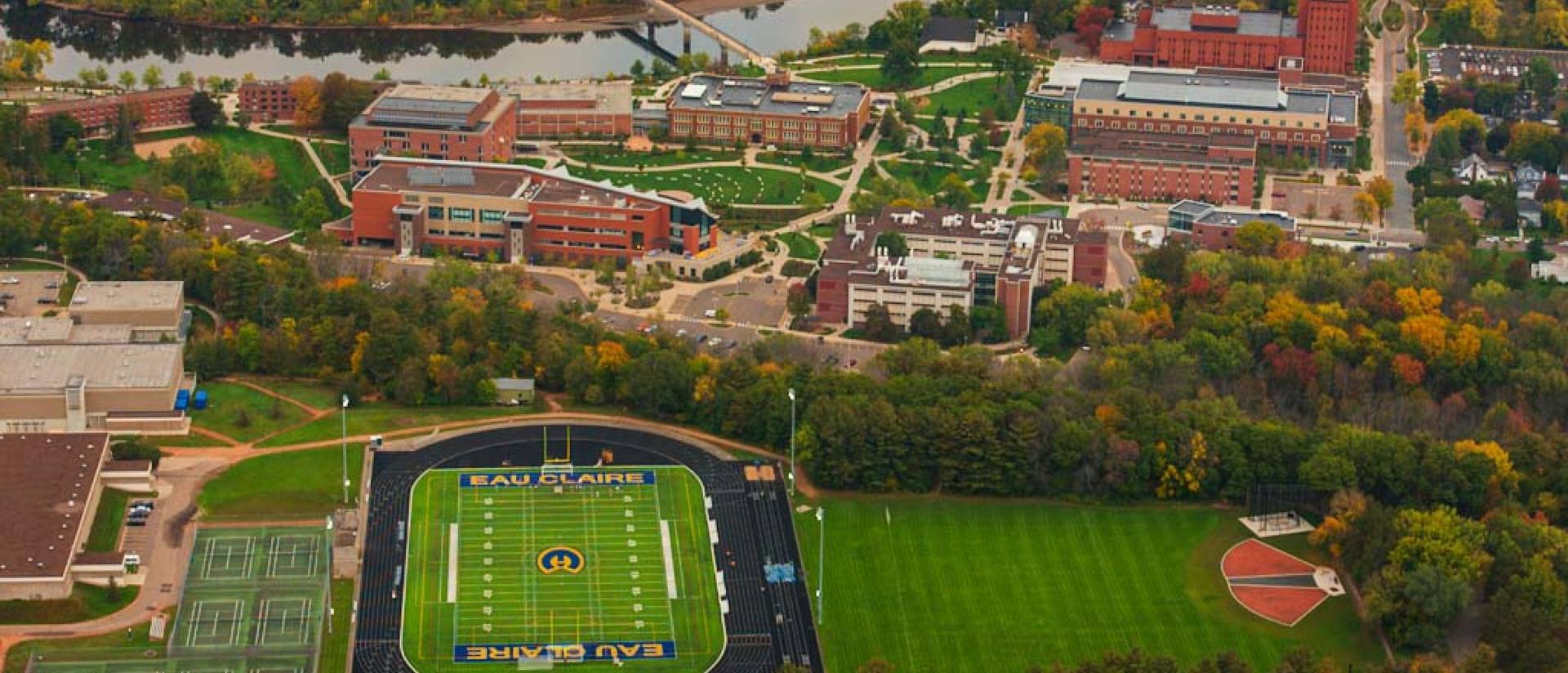 Aerial view of downtown Eau Claire at the confluence, including Pablo