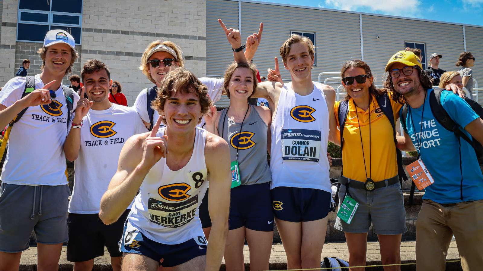 Sam Verkerke, who won the individual national championship in the 1,500-meter run, celebrates with members of the Blugold track and field team during the championship meet.