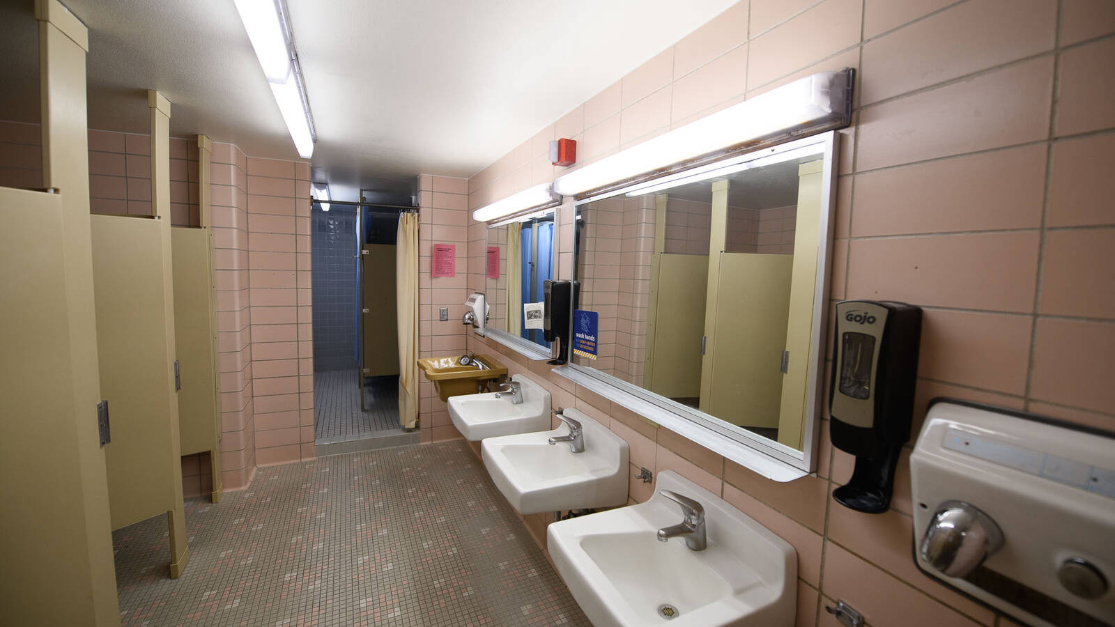 A bathroom in Sutherland Hall, featuring four sinks, mirrors and multiple restroom and shower stalls