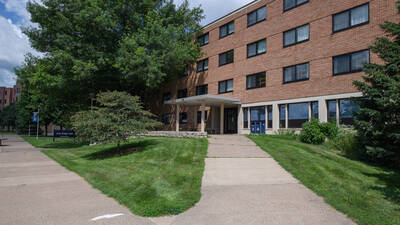 An exterior view of Oakridge Hall, a brick residence hall