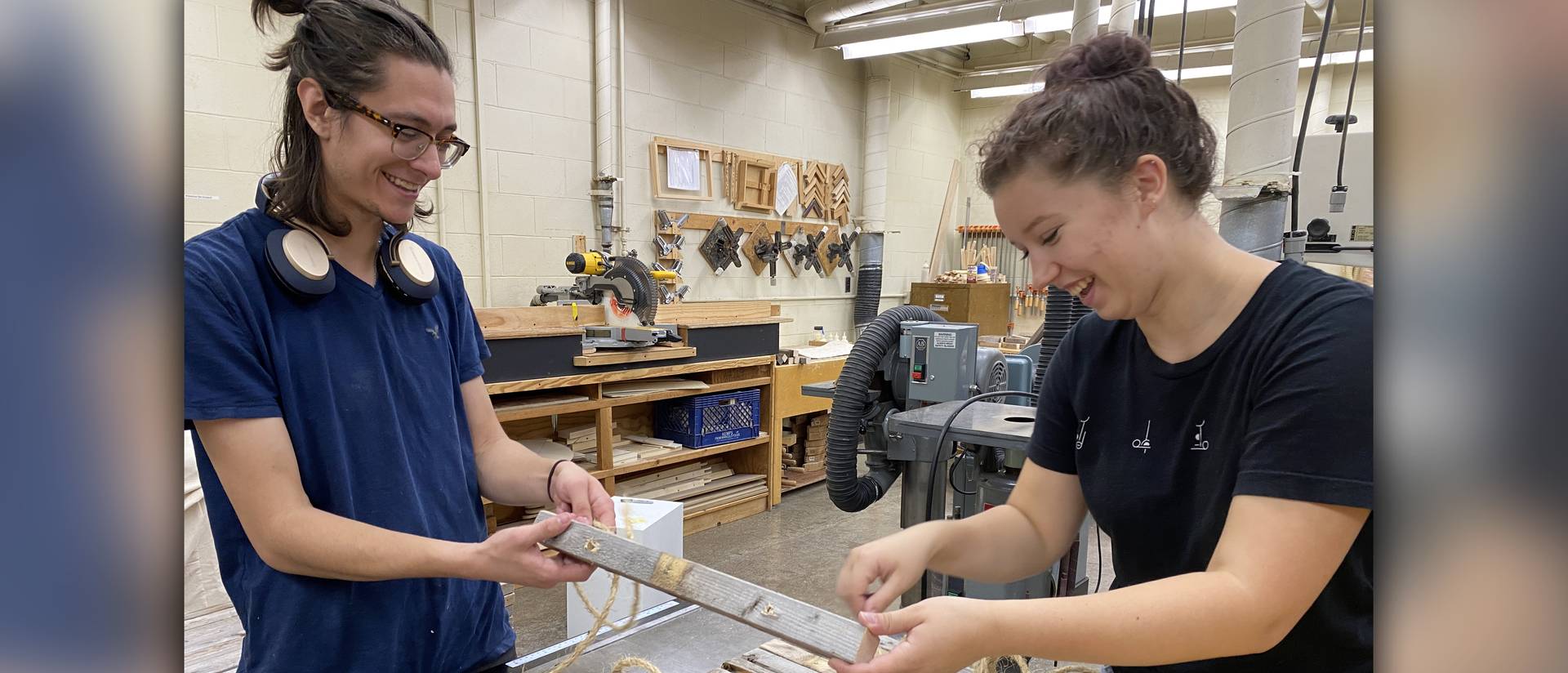 male and female student in woodshop