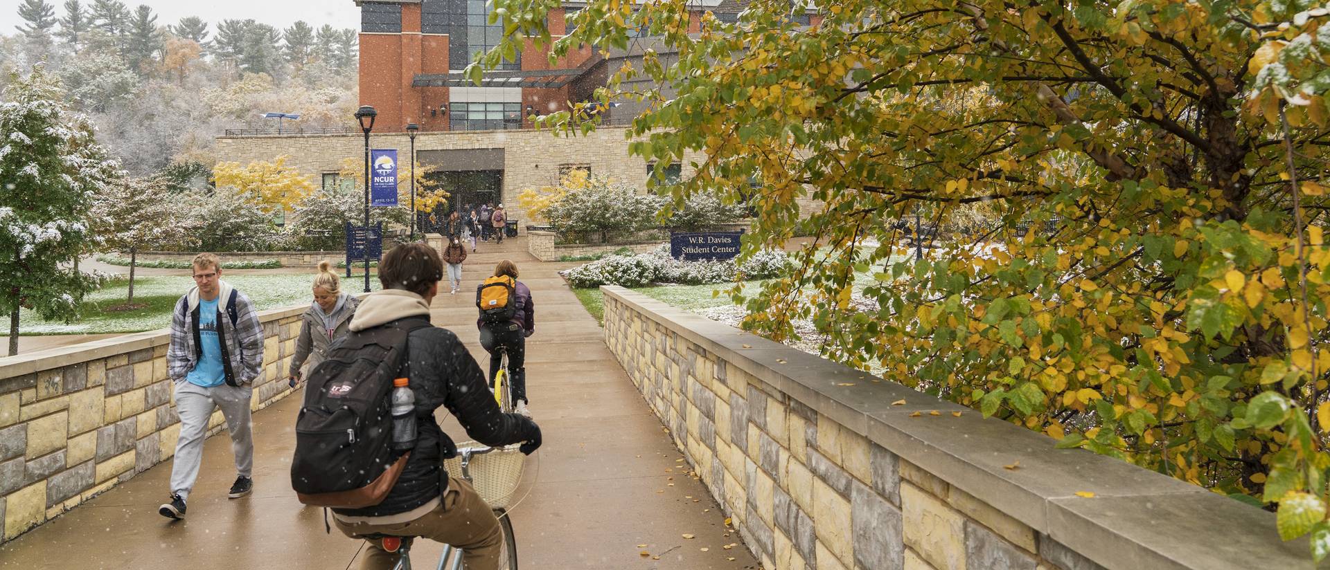 A student rides a bike across campus.