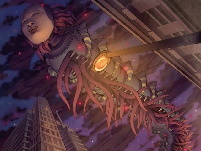 Digital painting of alien form soaring above buildings