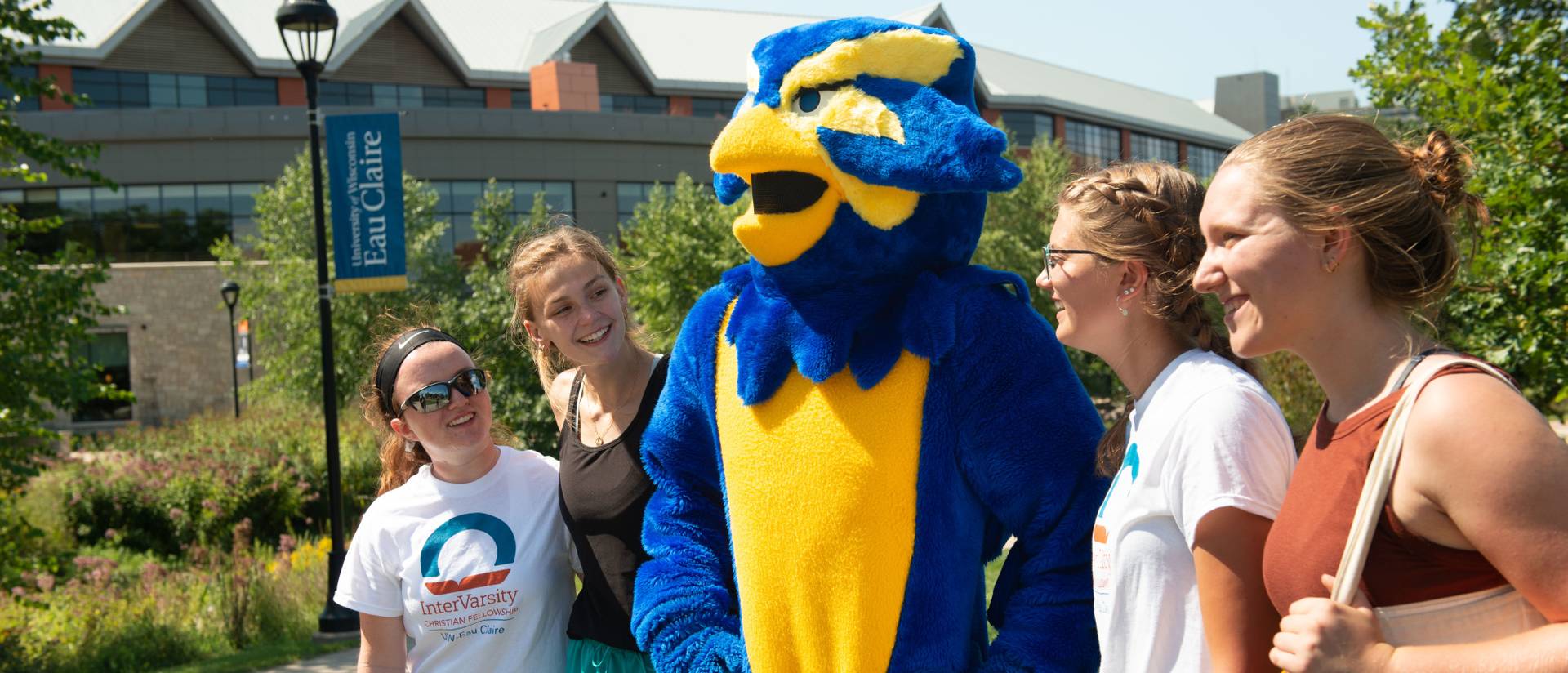 First year students enjoy Welcome Week activities on lower campus.  Blu the Blugold Mascot at the event.