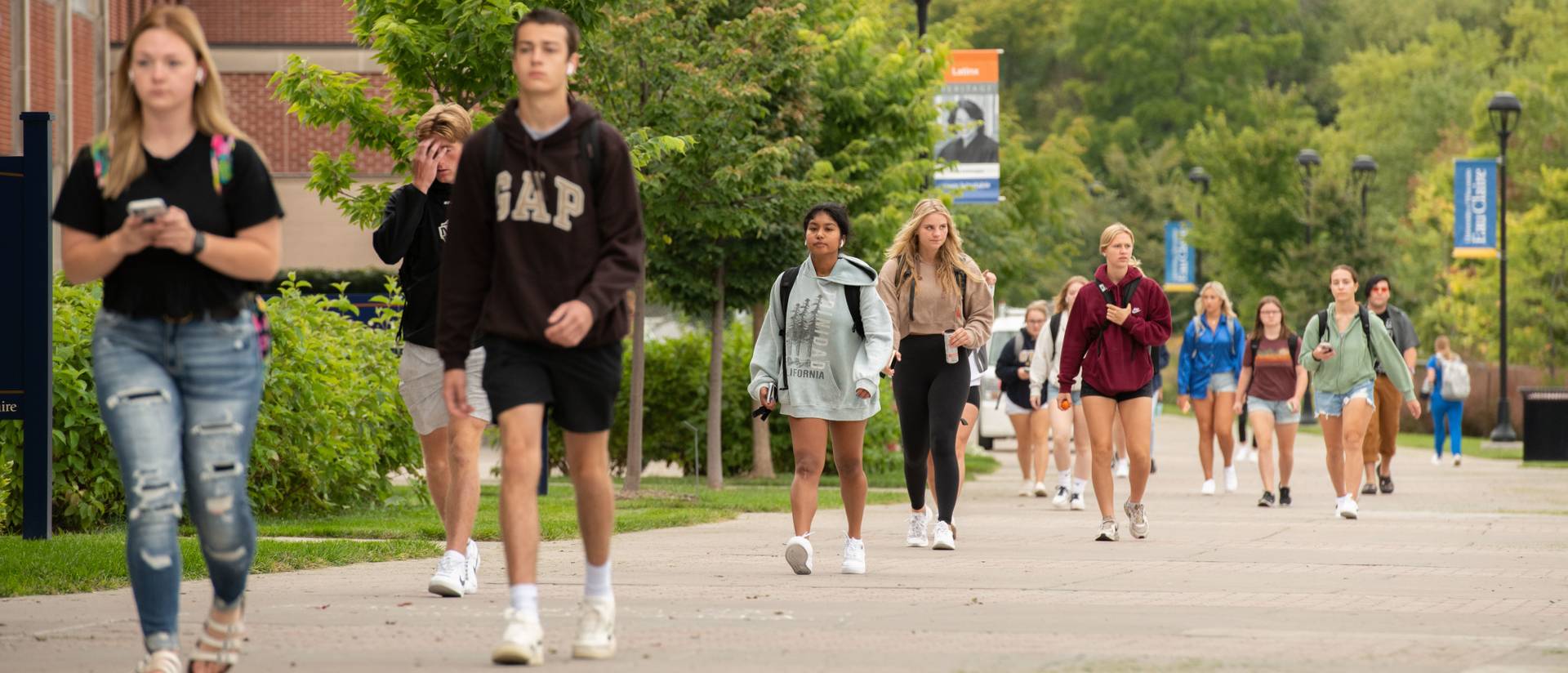 Students make their way around lower campus on the first day of classes.