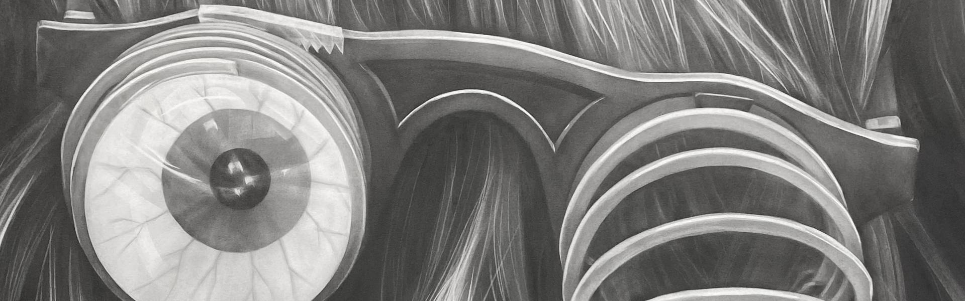 Graphite drawing showing the back of a woman's hair with toy googly eye glasses.