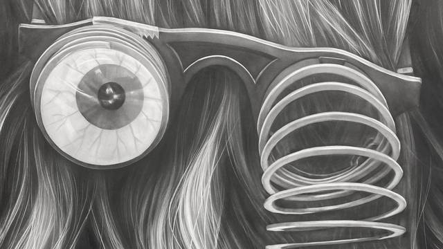 Graphite drawing showing the back of a woman's hair with toy googly eye glasses.