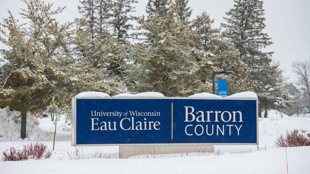 UW-Eau Claire â€“ Barron County sign with snow, in winter