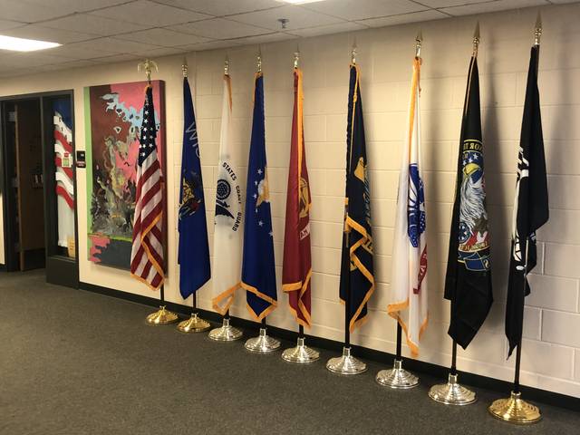 flags in hallway outside UW-Eau Claire Barron County veteran center