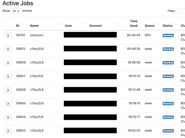 Screenshot showing active jobs tool that displays both person jobs as well as other work running on supercomputing cluster.