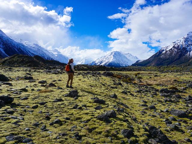 Student standing in a mountain vista, sunny day snow capped mountains