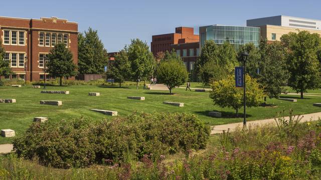 UW-Eau Claire outdoor photo of campus mall with Schofield and Centennial halls in background