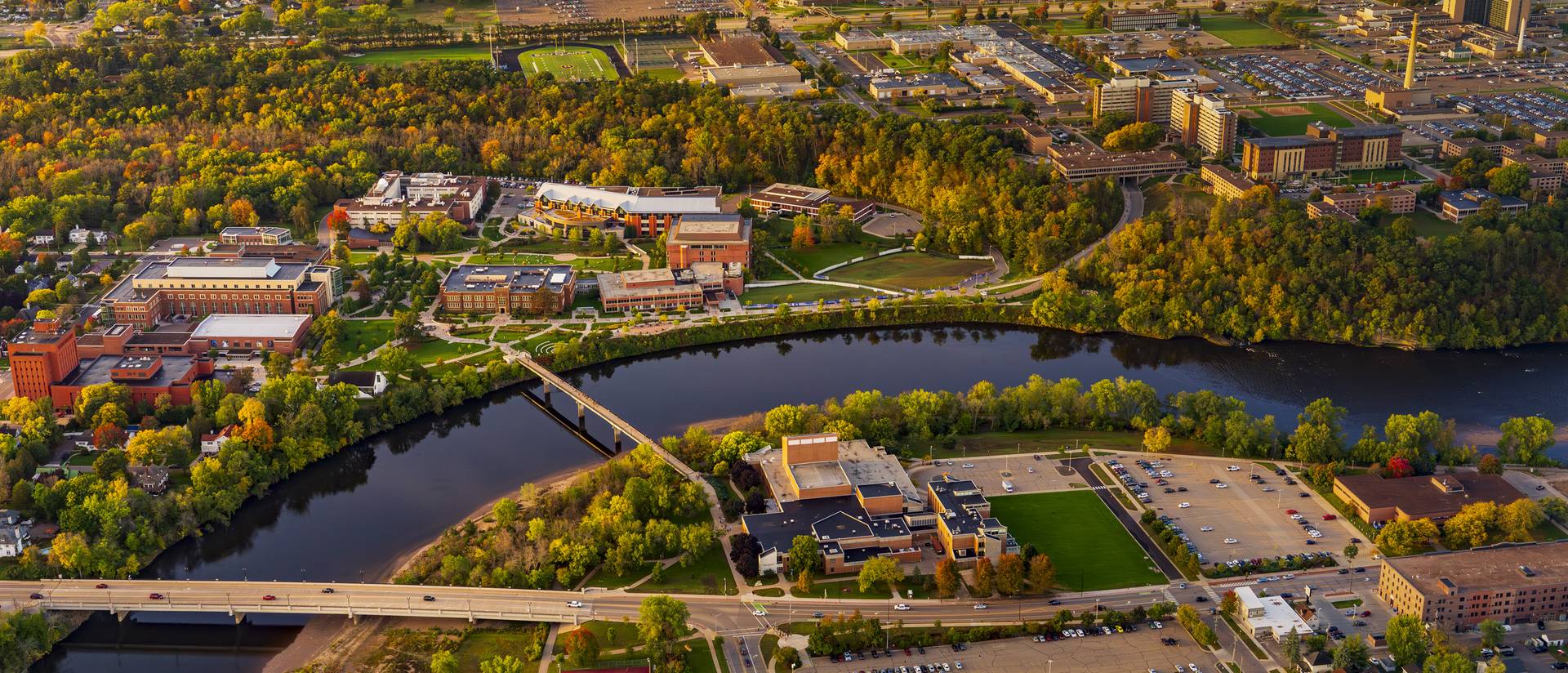 aerial shot of all of campus and Water St