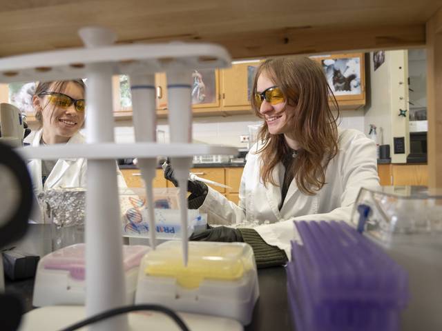 Two students using lab equipment, photo shot from under the shelving across the lab station, students
